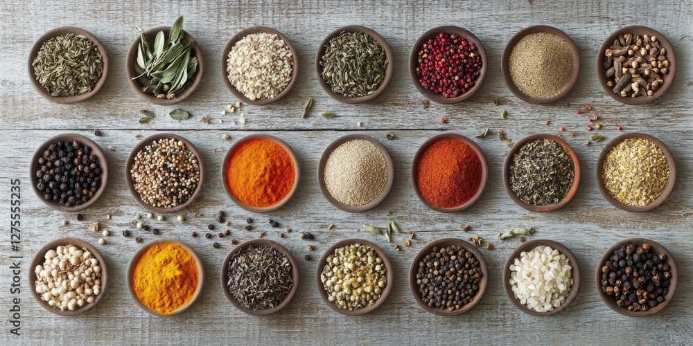 Poster bird's eye view of assorted spices and herbs in brown bowls on a gray wooden surface with vibrant co