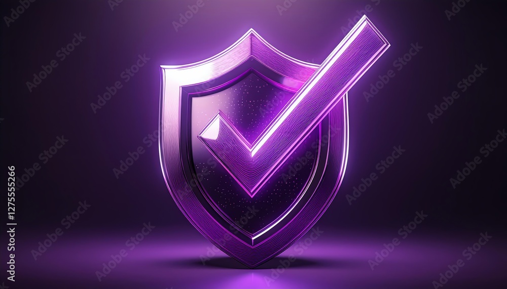 Poster a purple shield with a checkmark, symbolizing security and verification, presented in a sleek, moder