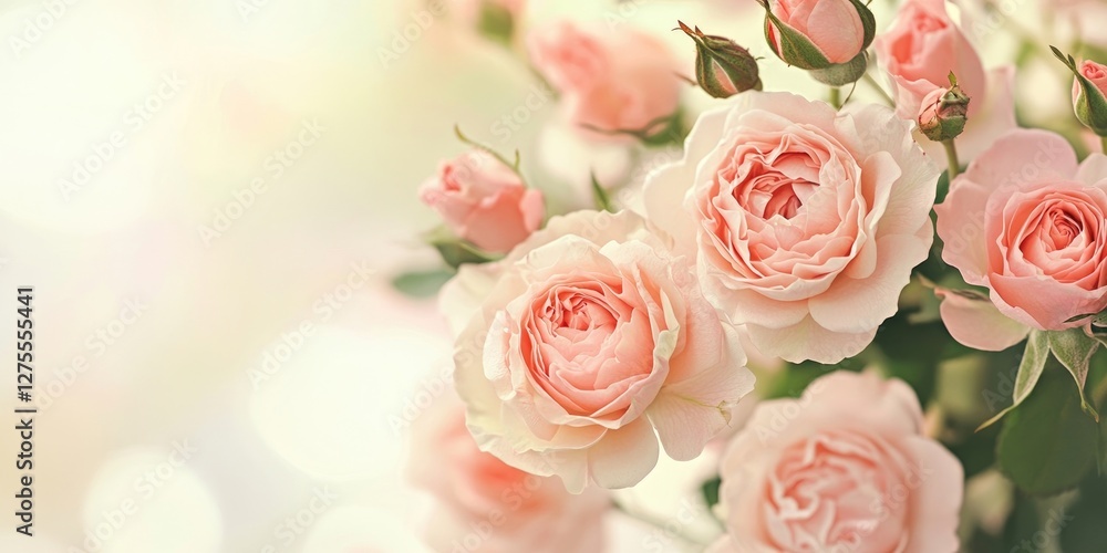 Poster soft pink roses in full bloom clustered on the right, green leaves enhancing the composition against