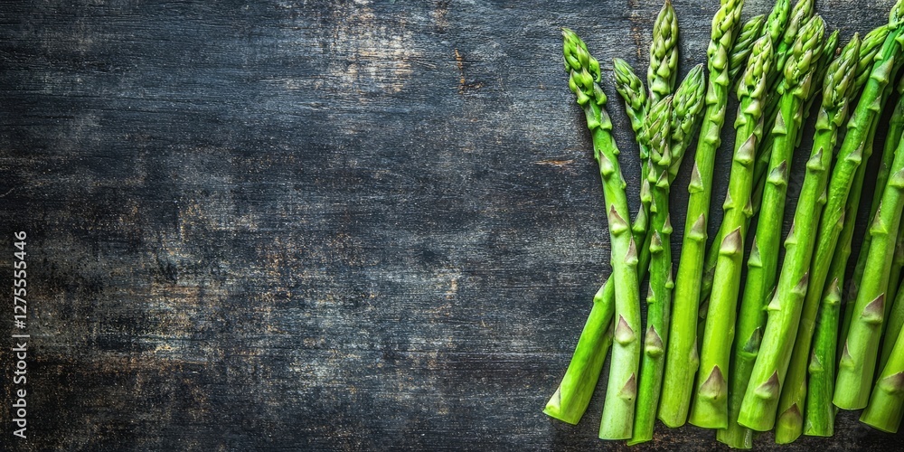 Poster fresh green asparagus arranged neatly on a rustic dark wood background with a textured surface, emph