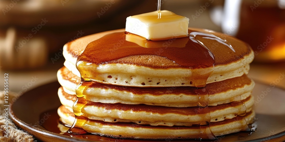 Aufkleber Freshly stacked golden pancakes topped with a melting pat of butter and drizzled with maple syrup on a rustic wooden table setting.