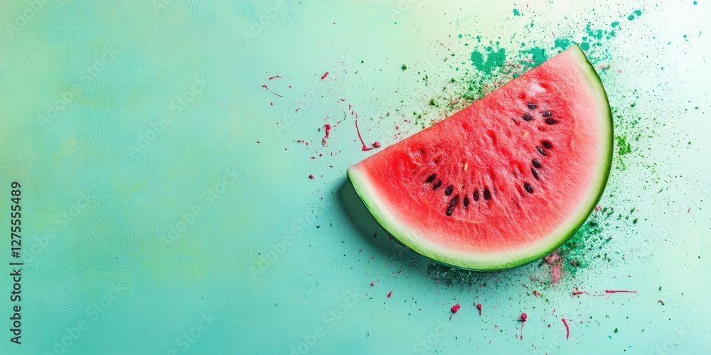 Poster vibrant watermelon slice positioned diagonally on a soft green pastel backdrop with colorful splashe