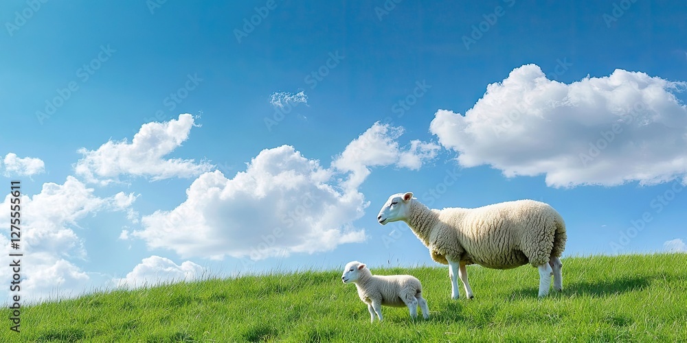 Poster sheep and lamb on vibrant green hill under clear blue sky with fluffy white clouds creating a serene