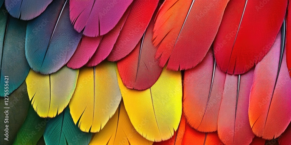 Poster vibrant and colorful array of overlapping feathers in shades of red, yellow, green, and blue arrange