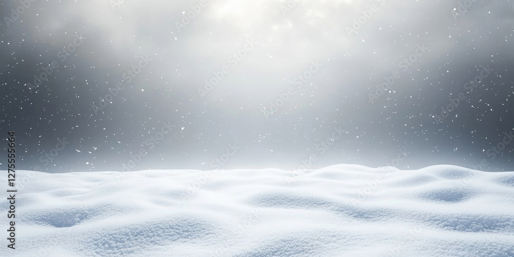 Poster winter landscape featuring a smooth layer of white snow on the ground under a soft gray sky with fal