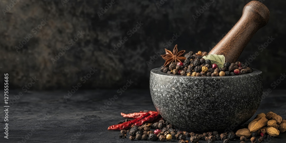 Aufkleber A rustic mortar filled with colorful spices on dark stone with a dramatic black background showcasing ample copy space for text.
