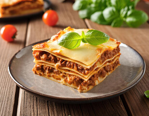 A plate of lasagna with a basil leaf on top. The dish is served on a wooden table