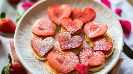 Heart-Shaped Pancakes Topped with Fresh Strawberries and Sugar Dust
