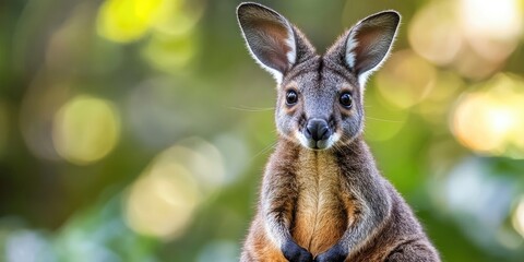 Charming brown wallaby in a striking pose against a soft green bokeh background highlighting its expressive features and engaging character.