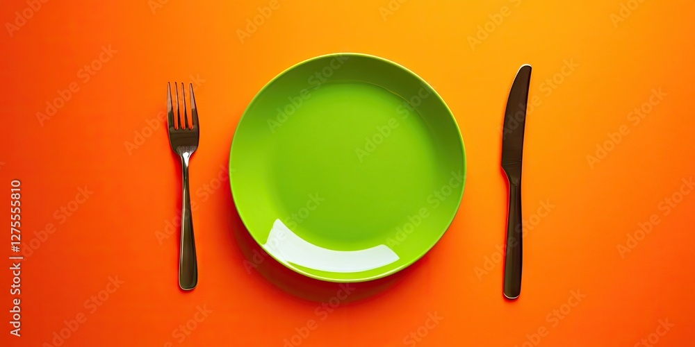 Poster green plate on a vibrant orange background with a silver fork on the left and a silver knife on the 