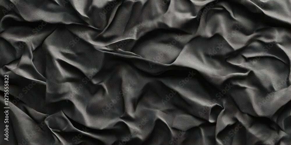 Poster crumpled dark fabric texture featuring soft folds and creases showcasing intricate shadows and highl
