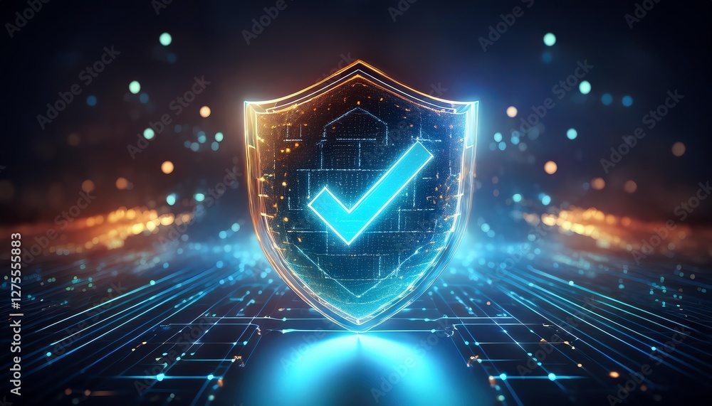 Poster a glowing shield with a checkmark symbolizes digital security and protection in a futuristic setting