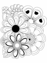 Vector black and white coloring page for coloring book. Leaves and flowers in monochrome colors. Doodle floral drawing. Art therapy coloring page.Beautiful Bangladeshi floral paisley seamless ornament
