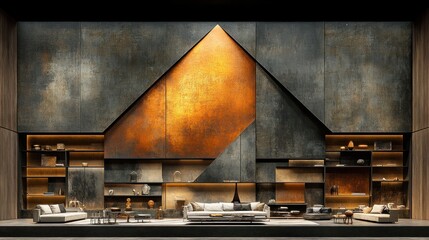 Fototapeta premium Modern living room, metallic wall, stage set, interior design