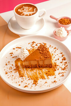 Biscuit flavoured cheesecake served with cream and cappuccino coffee.