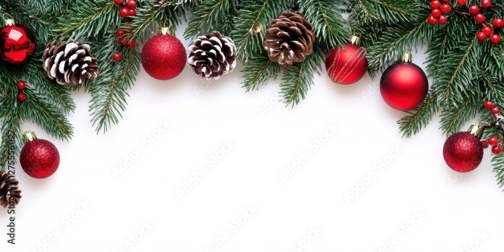 Poster Christmas themed green pine branches adorned with red ornaments and pine cones on a white background creating a festive border layout.