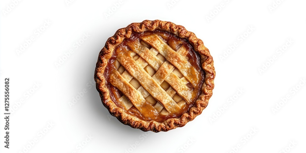 Poster Delicious apple pie with a golden brown lattice crust centered on a white background showcasing its flaky texture and rich filling.