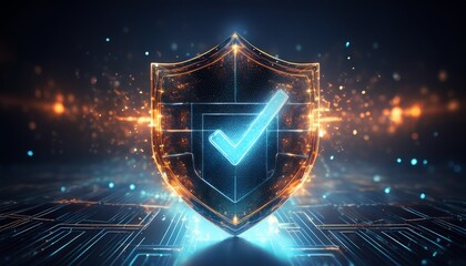 A glowing shield with a checkmark symbolizes security and protection in a digital landscape, conveying trust and safety.