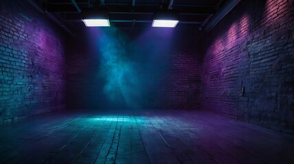 Ethereal Glow in Stark Studio Room Featuring Exposed Brick Walls and Concrete Floor with Dramatic Blue and Purple Lighting