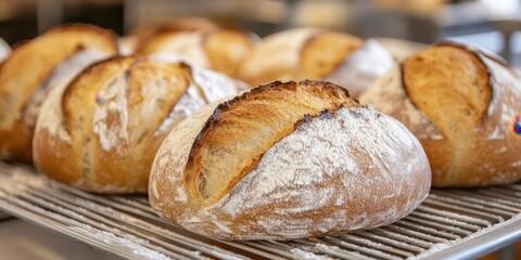 Naklejka premium Artisanal bread loaves with golden crusts and flour dusting are placed on a horizontal metal cooling rack in a traditional bakery setting.