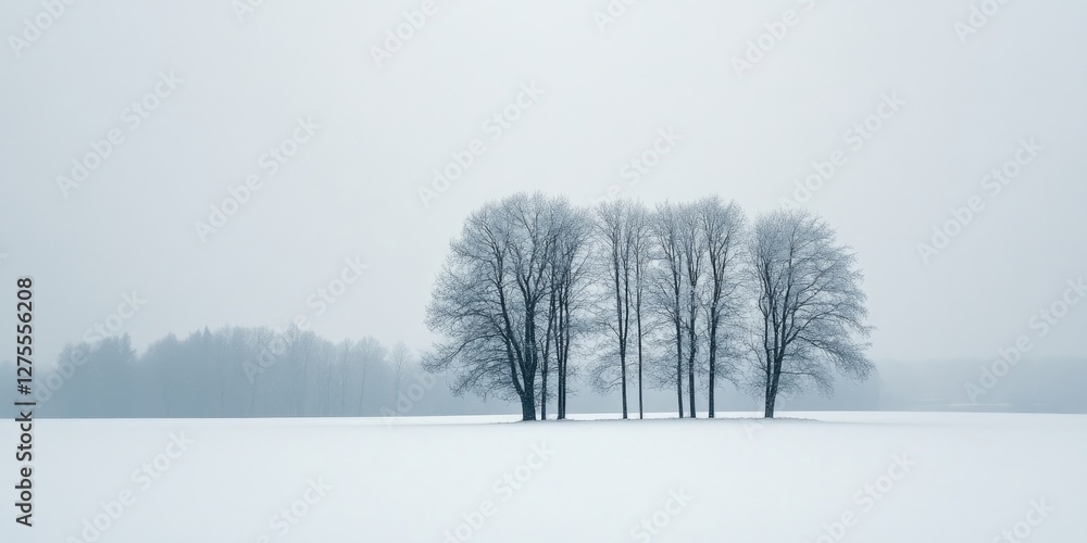 Poster Winter landscape with a group of five bare trees in the center against a backdrop of soft white snow and a gray overcast sky.