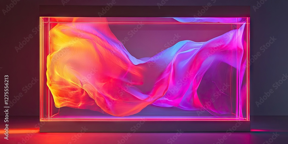 Poster vibrant flowing fabric in shades of orange, pink and purple creating dynamic waves inside a transluc