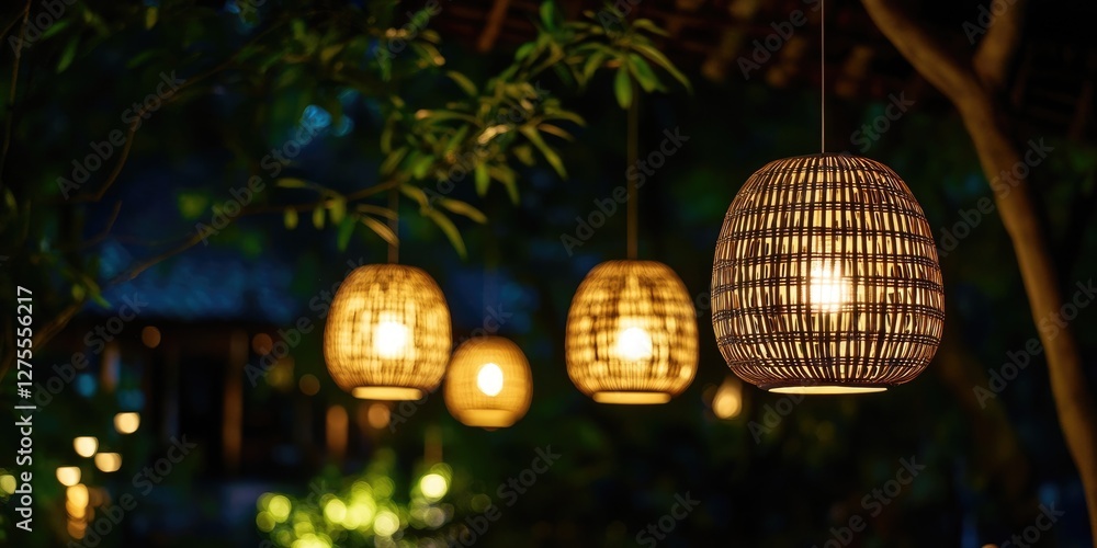 Aufkleber warm illuminated wicker pendant lights hang from a dark setting amidst lush greenery, creating a coz