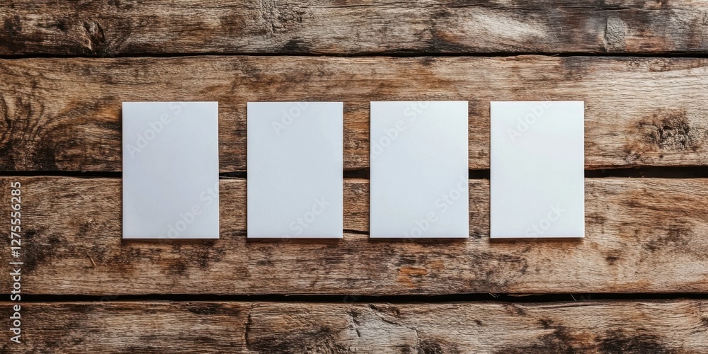 Poster white business cards aligned on a rustic wooden surface providing a minimalistic branding identity t