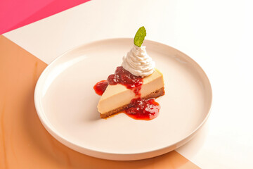 Strawberry Cheese cake with swirl of cream topping and mint leaf on top.