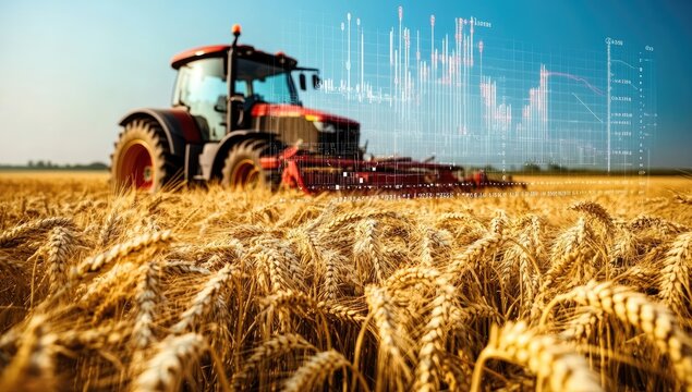 Tractor in Wheat Field with Financial Charts