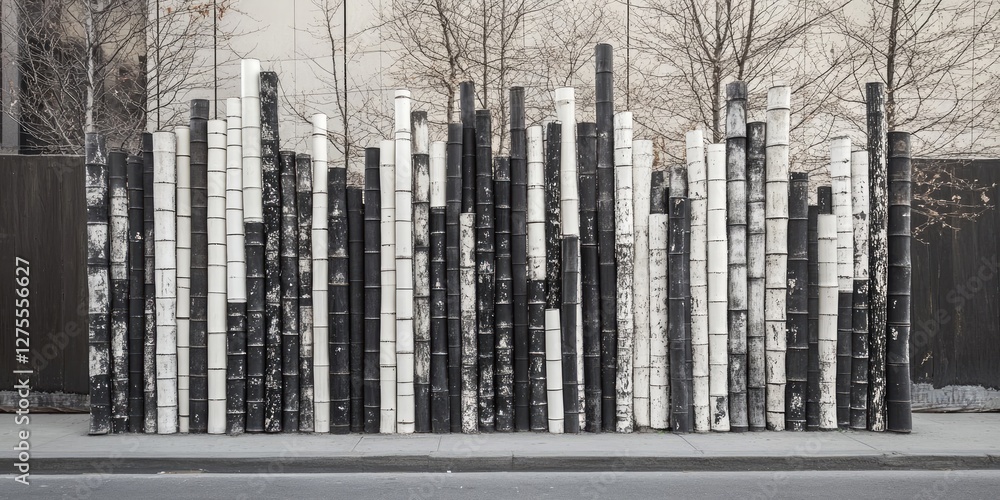 Leinwandbilder abstract urban installation featuring tall black and white vertical columns arranged in varying heig