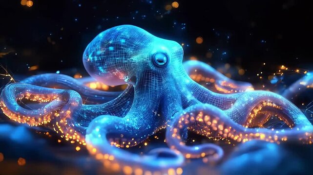 A futuristic bioluminescent octopus glows with mesmerizing blue and orange hues. Its intricate digital textures and luminous tentacles create a stunning cyberpunk aesthetic.