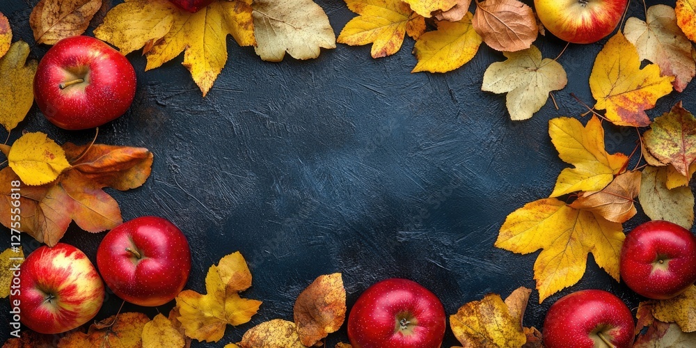 Poster colorful autumn foliage with vibrant red apples arranged in a border on a textured dark background c