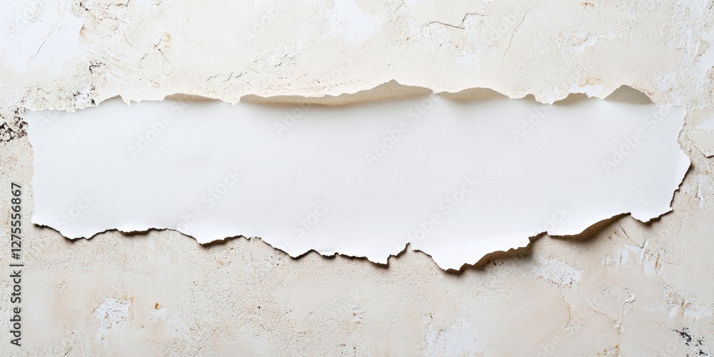 Poster torn white paper on a textured beige surface with minimalistic style providing ample copy space for 