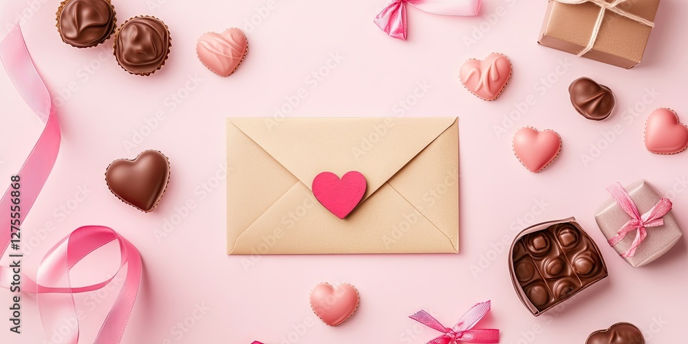 Aufkleber romantic flat lay composition featuring an envelope with a heart seal on a pink background surrounde