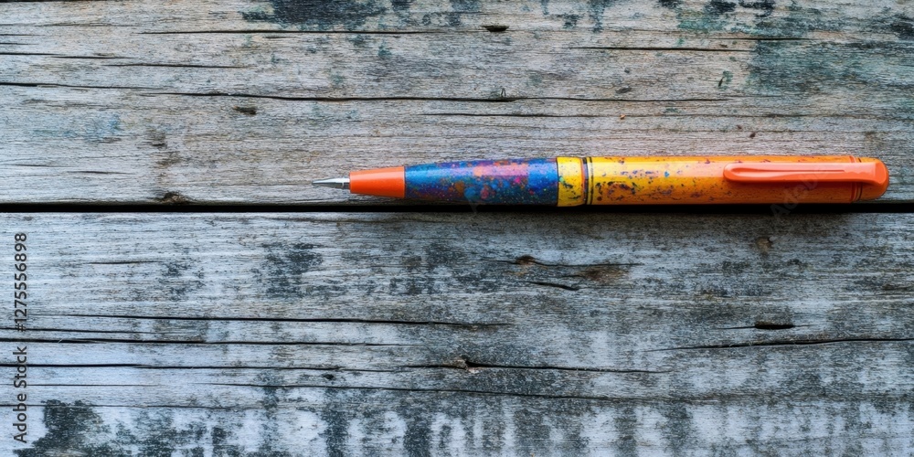 Aufkleber vibrant colorful pen resting on weathered rustic wooden surface with ample negative space surroundin