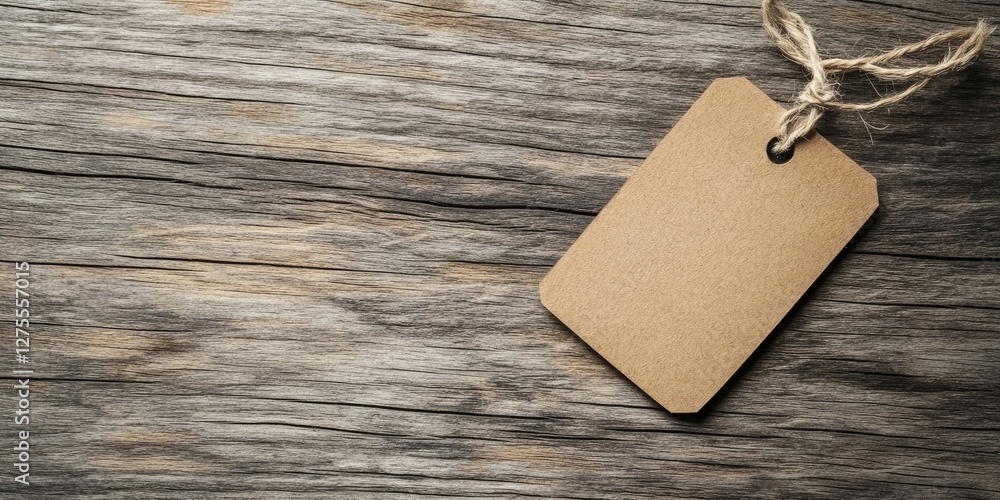 Aufkleber brown empty price tag with a twine loop positioned on a rustic wooden surface creating ample copy sp