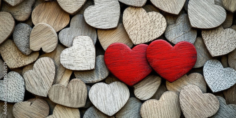 Poster wooden hearts in neutral shades create a textured background; two vibrant red hearts centered to sym