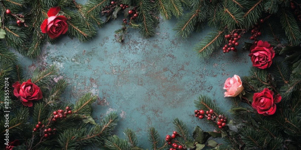 Poster aerial view of a textured teal background decorated with lush spruce branches and vibrant red and pi