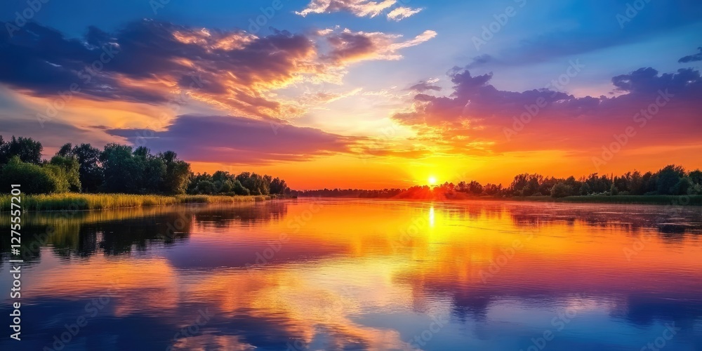 Poster vibrant sunset over tranquil river with colorful reflections in water surrounded by lush green trees