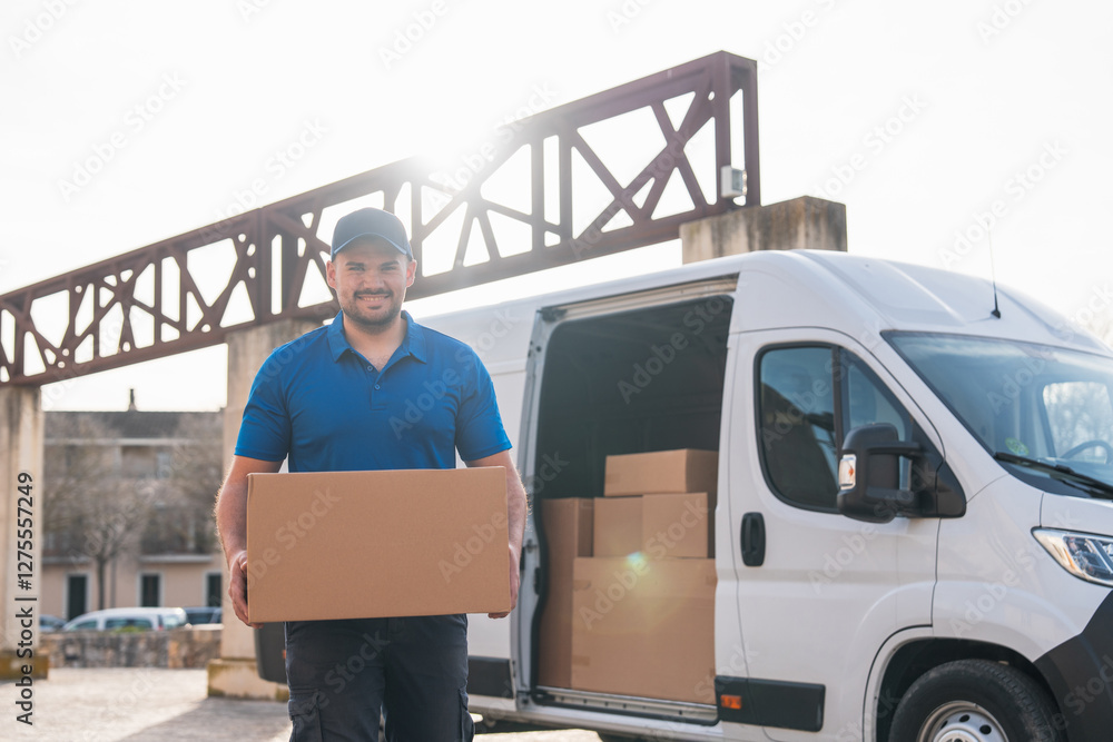 Fototapete Smiling delivery driver handing over package in front of van. Delivery driver concept in a van. Man in blue uniform holding a package and smiling, representing a reliable delivery service.