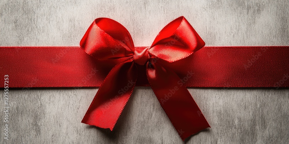 Poster Red satin bow tied neatly on a textured gray background featuring a wide ribbon with delicate edges positioned centrally for a festive touch.