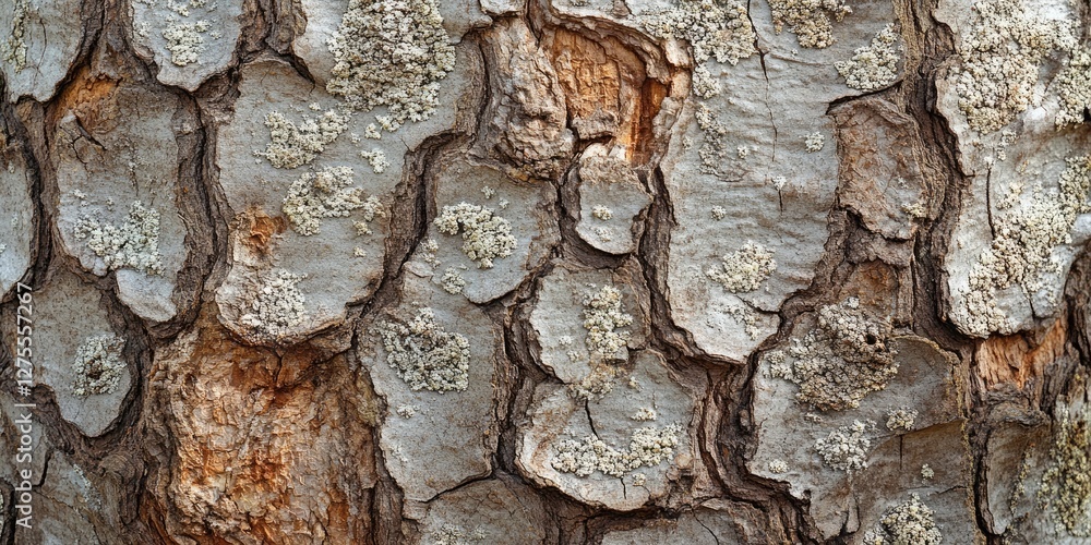Poster detailed close-up of textured tree bark featuring gray and brown tones with lichen patches, capturin