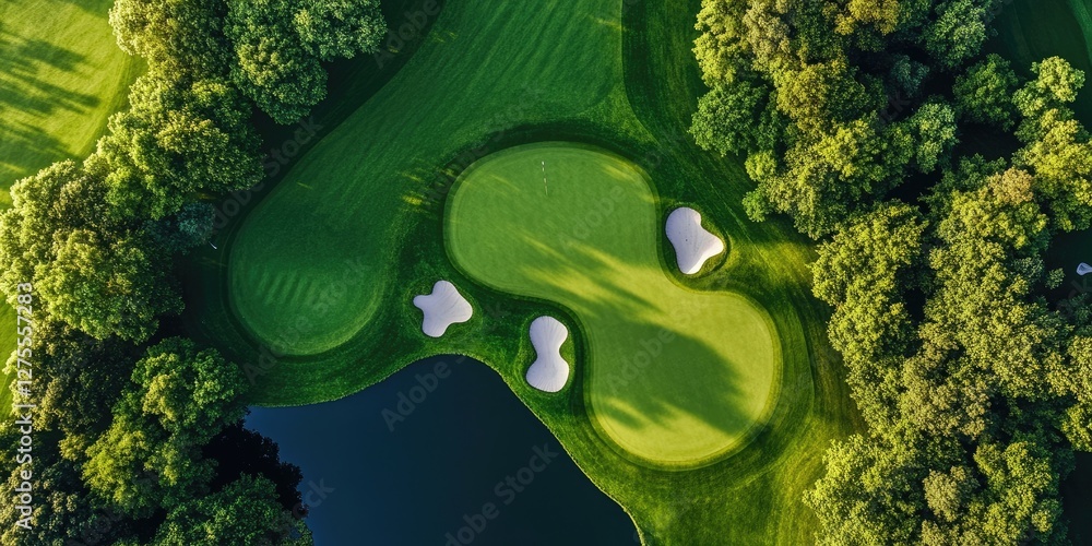 Poster aerial view of a lush green golf course featuring sand traps and a serene pond surrounded by dense t