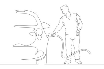 Continuous one line drawing electric vehicle charging. High technology. Clean energy. Electric transport.  One continuous line isolated minimal illustration.Not AI.