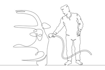 Continuous one line drawing electric vehicle charging. High technology. Clean energy. Electric transport.  One continuous line isolated minimal illustration.Not AI.