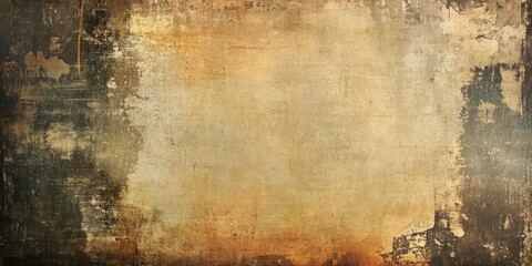 Aged grunge vintage backdrop featuring a textured golden brown center with dark distressed edges...