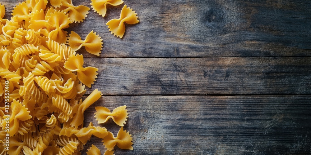 Poster Raw uncooked pasta assortment arranged casually on a dark wooden table with ample negative space for overlays emphasizing texture and color.