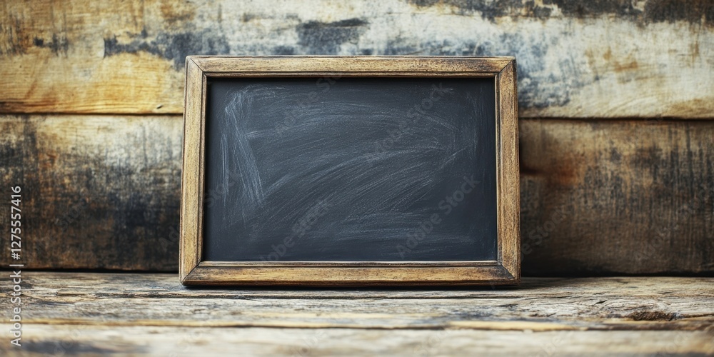 Poster a close up view of a blank blackboard in a rustic wooden frame positioned on a weathered wooden tabl