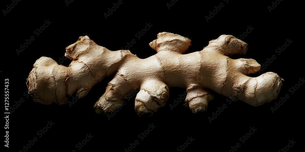 Poster organic ginger root with earthy brown tones and irregular shapes positioned centrally on a black bac
